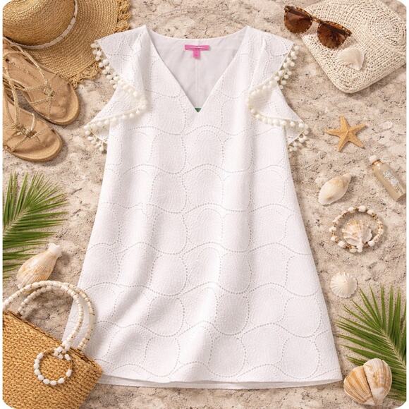 Lilly Pulitzer Dresses & Skirts - NWT Lily Pulitzer Sz M White Astara Leaf Eyelet Lace V Neck Ruffle Slvls Sheath